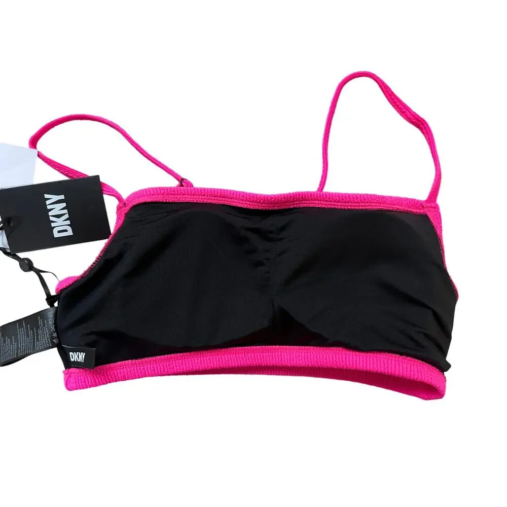 DKNY WOMENS SZ XS TEXTURED BRALETTE BIKINI TOP NEON PINK MICRO SCRUNCH NEW! - Picture 4 of 8